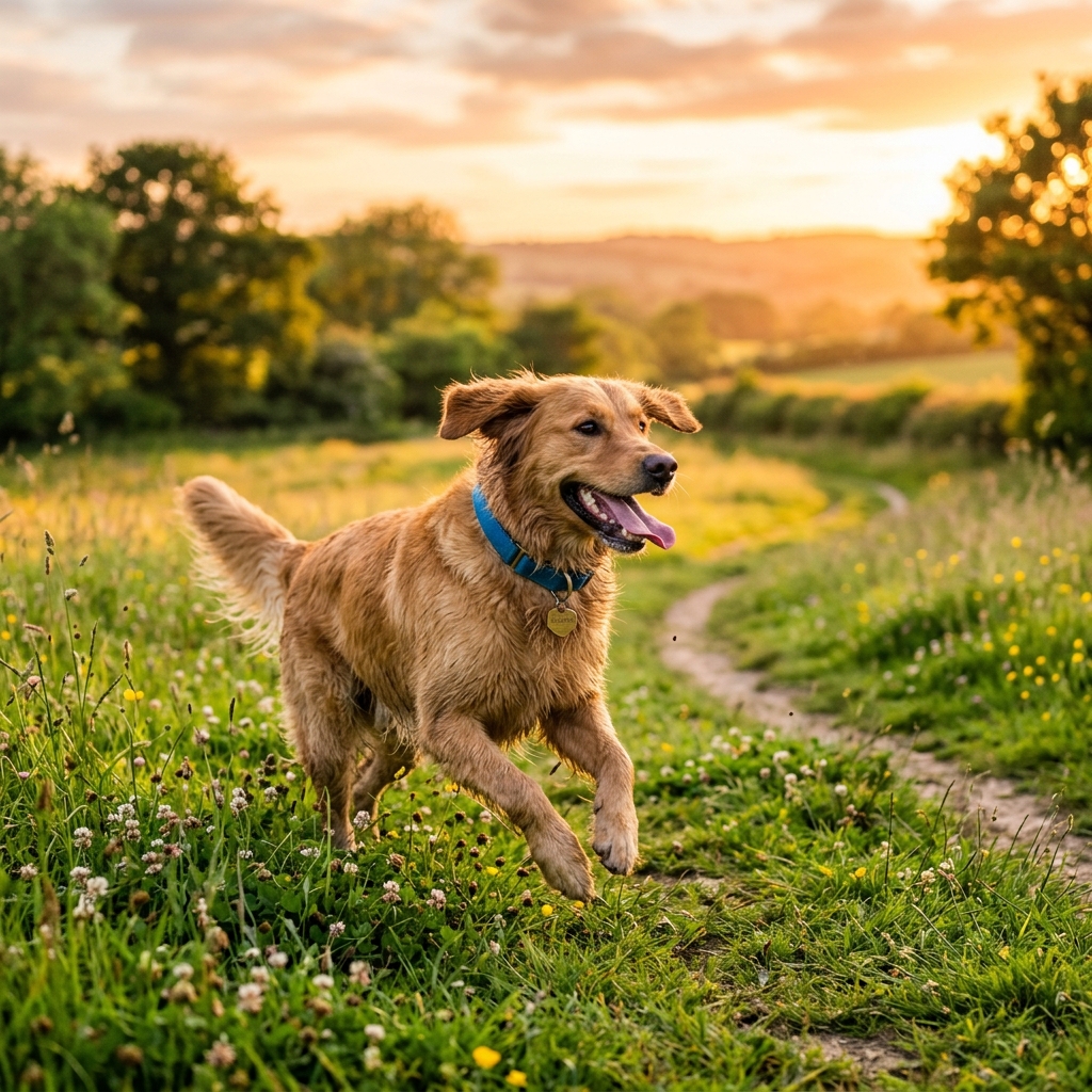 A happy rescue dog running free in a field